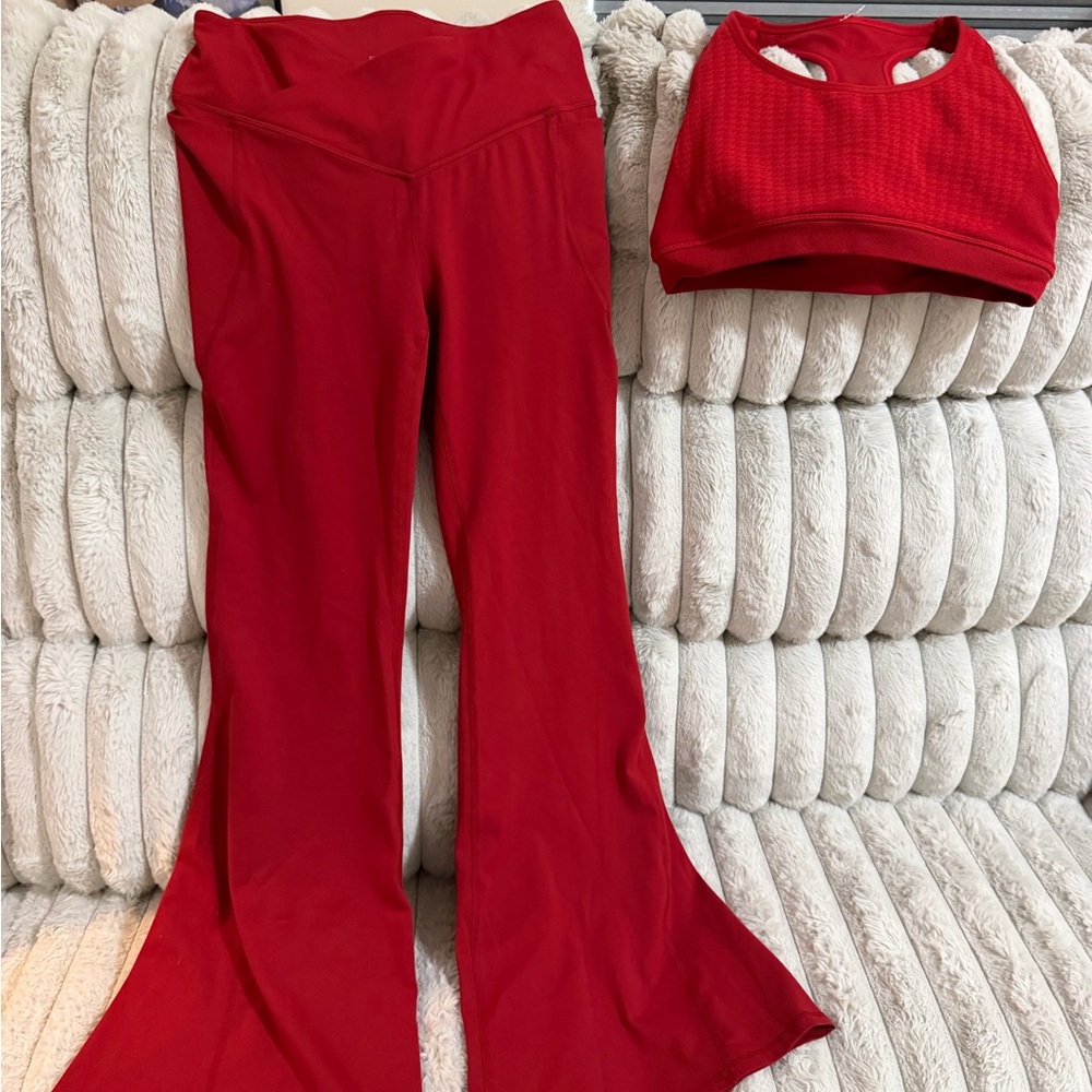 Fabletics PureLuxe Vibrant Red Leggings and Sports Bra top Set.